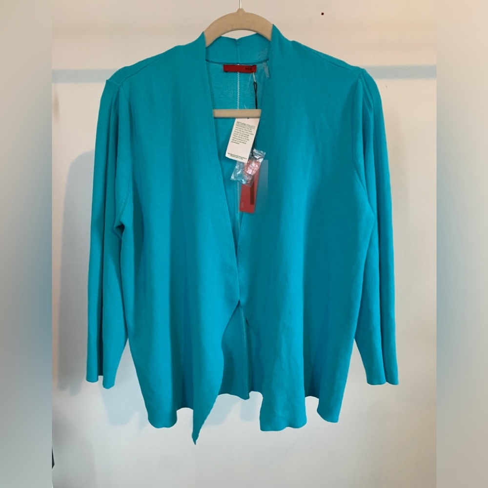 Cyan Blue lightweight Open Front Cardigan w stitching detail down back & sleeves